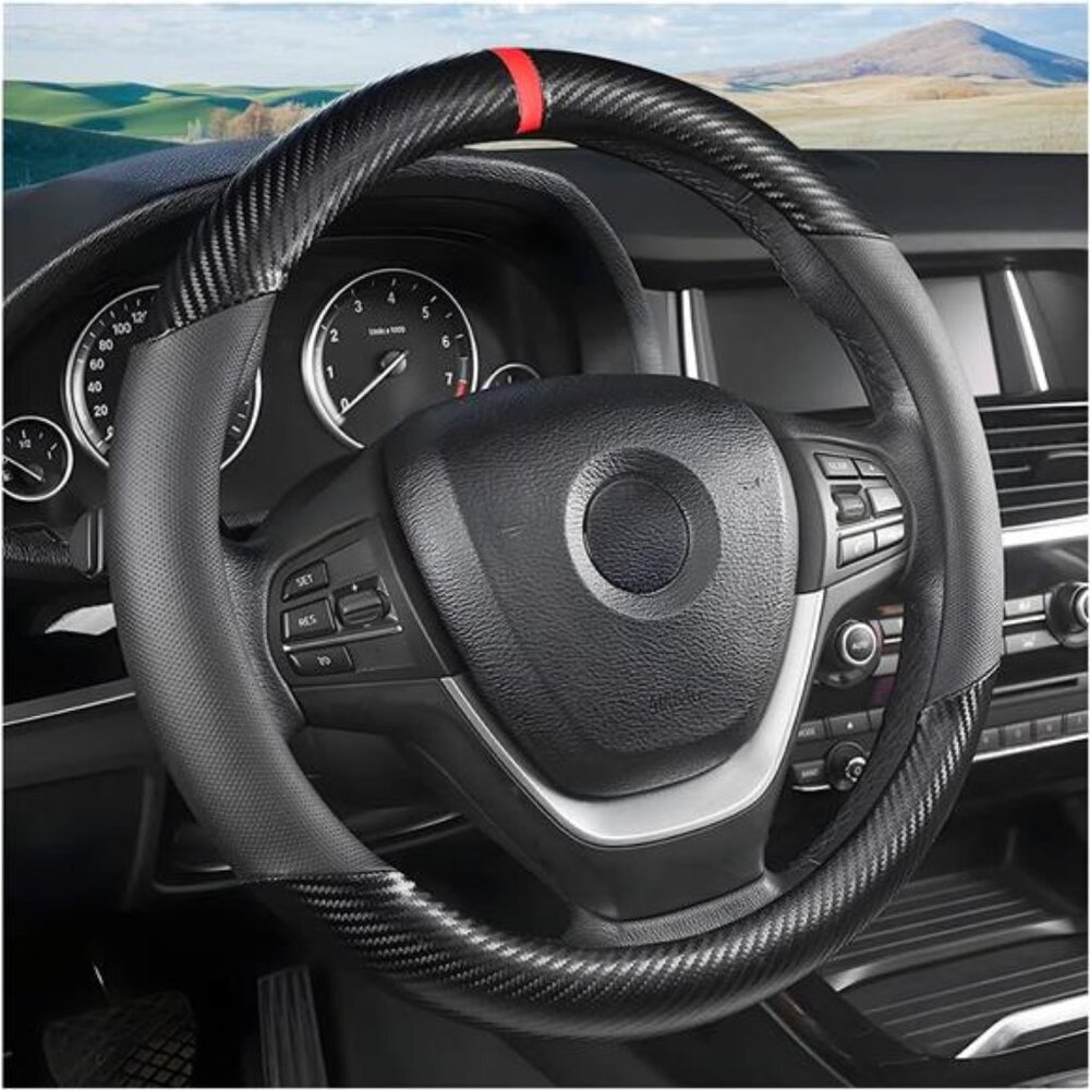 Carbon Fiber Steering Wheel Cover, Universal 15 inch Breathable Anti Slip, Black